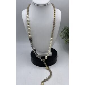 CHICOS Gold Tone Crystal‎ Beads Rhinestone Cross Medallion Tassel Adj Necklace
